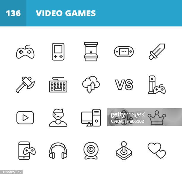 gaming und videospiele line icons. bearbeitbarer strich. pixel perfekt. für mobile und web. enthält symbole wie videospiel, mobiles spiel, gerät, spielkonsole, rpg, virtual reality, shooter, tastatur, maus, computer, tablet, multiplayer, streaming. - leisure games stock-grafiken, -clipart, -cartoons und -symbole