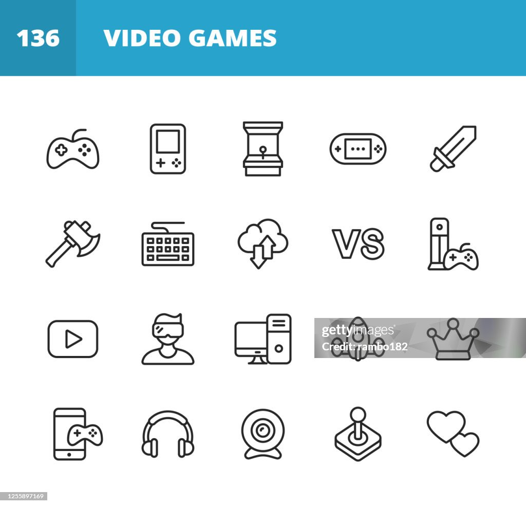 Gaming and Video Games Line Icons. Editable Stroke. Pixel Perfect. For Mobile and Web. Contains such icons as Video Game, Mobile Game, Device, Gaming Console, RPG, Virtual Reality, Shooter, Keyboard, Mouse, Computer, Tablet, Multiplayer, Streaming.
