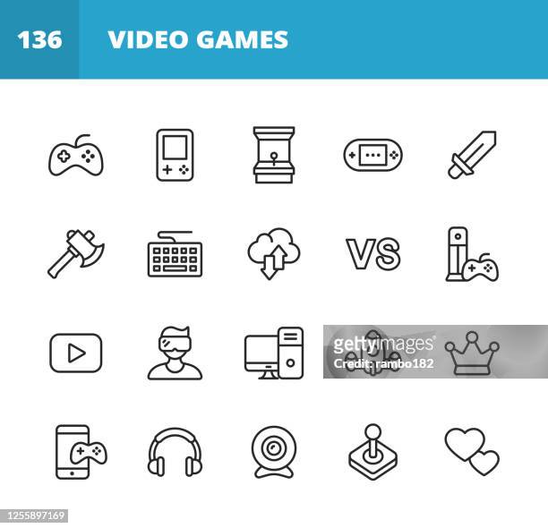 gaming and video games line icons. editable stroke. pixel perfect. for mobile and web. contains such icons as video game, mobile game, device, gaming console, rpg, virtual reality, shooter, keyboard, mouse, computer, tablet, multiplayer, streaming. - virtual reality stock illustrations