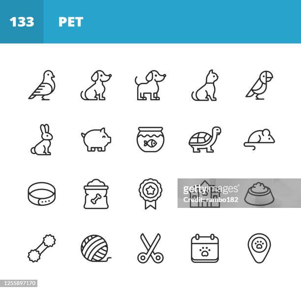 寵物線圖示。可編輯描邊。圖元完美。用於行動和 web。包含這樣的圖示,如鳥,狗,老鼠,豬,鸚鵡,,寵物領,梳妝,寵物碗,獸醫,動物爪。 - dog food 幅插畫檔、美工圖案、卡通及圖標