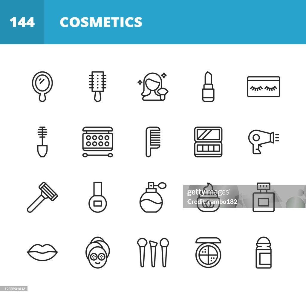 Kosmetik Linie Icons. Bearbeitbarer Strich. Pixel perfekt. Für Mobile und Web. Enthält solche Symbole wie Kosmetik, Schönheit, Make-Up, Shampoo, Friseursalon, Körperpflege, Hygiene, Mode, Nagel, Friseur, Parfüm, Lippenstift, Augenbraue.