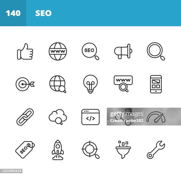 stockillustraties, clipart, cartoons en iconen met seo - search engine optimization line iconen. bewerkbare lijn. pixel perfect. voor mobiel en web. bevat iconen als - seo, search engine optimization, marketing, internet, business strategy, e-commerce, social media, big data, technology. - internetadres