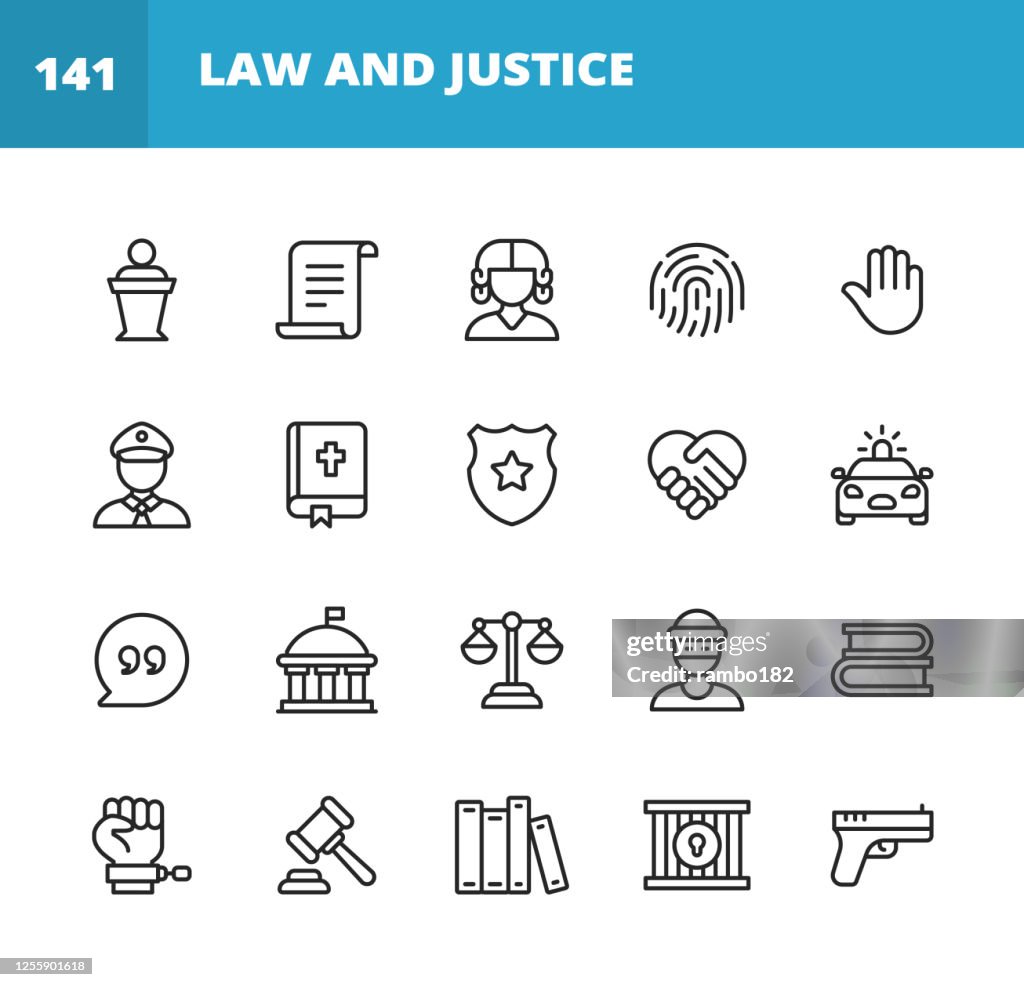 Law and Justice Line Iconen. Bewerkbare lijn. Pixel Perfect. Voor mobiel en web. Bevat iconen als Recht, Justitie, Dief, Politie, Rechter, Overeenkomst, Overheid, Contract, Naleving, Misdaad, Advocaat, Bewijs, Gevangenis, Gelijkheid, Rechtssysteem.