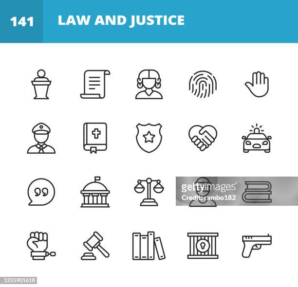 law and justice line icons. editable stroke. pixel perfect. for mobile and web. contains such icons as law, justice, thief, police, judge, agreement, government, contract, compliance, crime, lawyer, evidence, prison, equality, legal system. - legal system stock illustrations