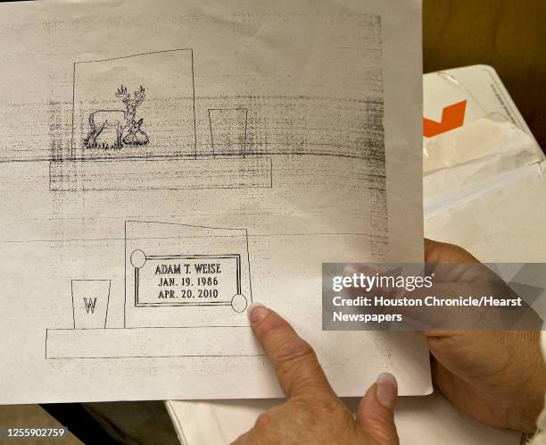 Arleen Weise looks over a sketch of the head stone for her son Adam Weise a TransOcean employee that was killed in the Deep Water Horizon drilling...