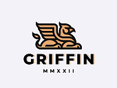 Winged griffin modern emblem. Heraldic gryphon symbol design editable for your business. Vector illustration.