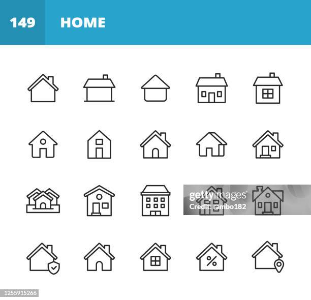 home line icons. editable stroke. pixel perfect. for mobile and web. contains such icons as home, house, real estate, family, real estate agent, investment, residential building, city, apartment. - warehouse interior stock illustrations