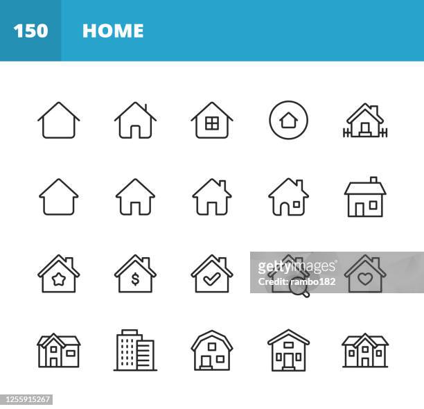 home line icons. editable stroke. pixel perfect. for mobile and web. contains such icons as home, house, real estate, family, real estate agent, investment, residential building, city, apartment. - indoors stock illustrations