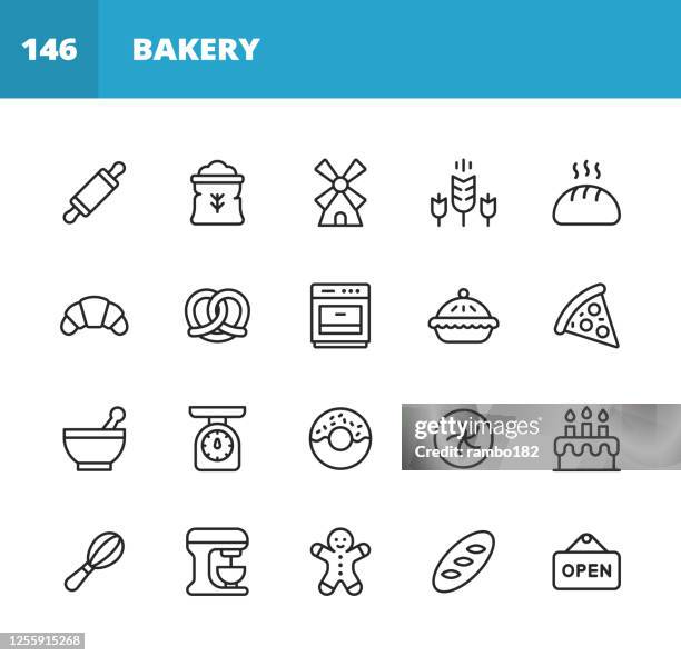 stockillustraties, clipart, cartoons en iconen met de pictogrammen van de lijn van de bakkerij. bewerkbare lijn. pixel perfect. voor mobiel en web. bevat iconen als bakkerij, eten, restaurant, pizza, cake, brood, hamburger, sandwich, pannenkoek, donut, appeltaart, biscuit, dessert. - bakkerij