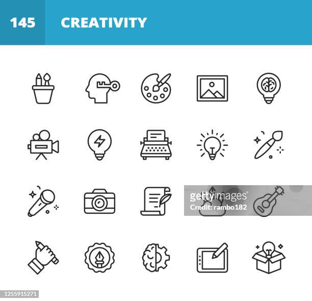 kunst und kreativität linie icons. bearbeitbarer strich. pixel perfekt. für mobile und web. enthält symbole wie kunst, kreativität, zeichnung, malerei, fotografie, schreiben, imagination, innovation, brainstorming, design, marketing, musik, medien. - glühbirne stock-grafiken, -clipart, -cartoons und -symbole