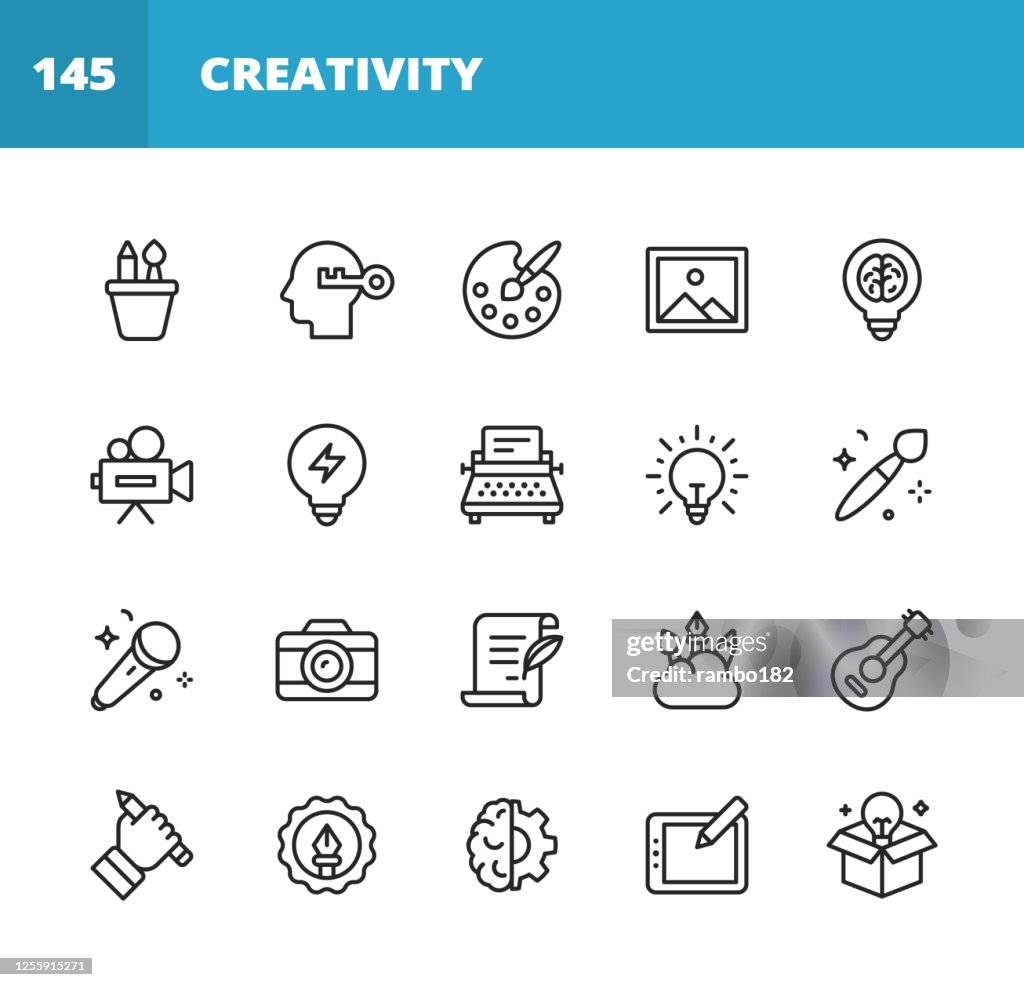 Iconos de Línea de Arte y Creatividad. Trazo editable. Pixel perfecto. Para móviles y web. Contiene iconos como Arte, Creatividad, Dibujo, Pintura, Fotografía, Escritura, Imaginación, Innovación, Lluvia de Ideas, Diseño, Marketing, Música, Medios.