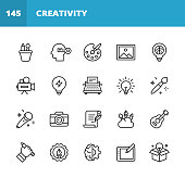 Art and Creativity Line Icons. Editable Stroke. Pixel Perfect. For Mobile and Web. Contains such icons as Art, Creativity, Drawing, Painting, Photography, Writing, Imagination, Innovation, Brainstorming, Design, Marketing, Music, Media.