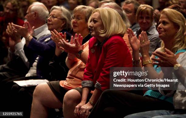 Libertarian gubernatorial candidate Kathie Glass sits in the front row before attempting to confront Texas Governor Rick Perry during the Texas...