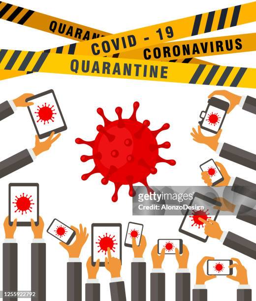 coronavirus outbreak. hands with smart devices and coronavirus. - infectious disease control stock illustrations