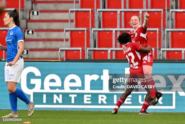 Standard Femina's Zoe Van Eynde celebrates after scoring during the match between Standard Femina de Liege and KRC Genk Ladies, the final of the...