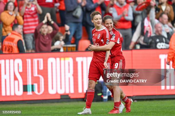 Standard Femina's Maurane Marinucci and Standard Femina's Laura Miller celebrate after scoring during the match between Standard Femina de Liege and...