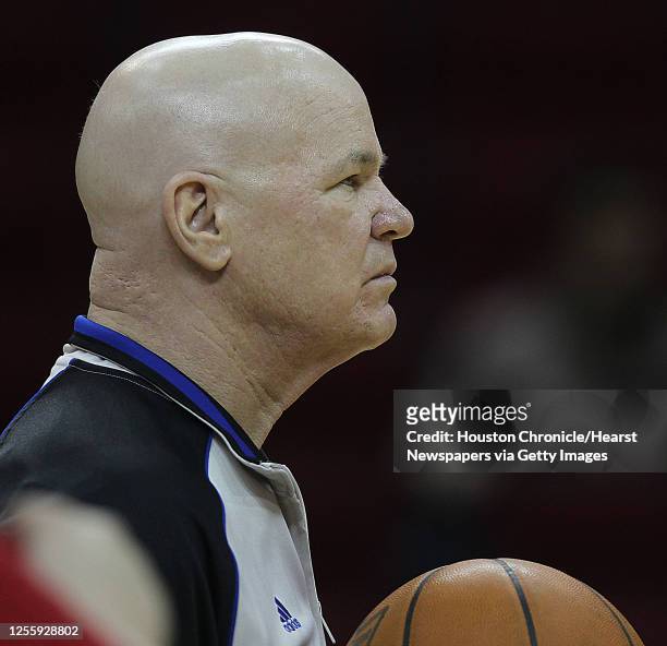 Official Joe Crawford stands with a basketball before the Houston Rockets face the Denver Nuggets at the Toyota Center Monday, Feb. 14 in Houston .