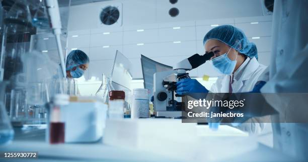 equipo multitista que trabaja con muestras biopeligrosas. mujer doctora asiática usando microscopio - sustancia con riesgo biológico fotografías e imágenes de stock