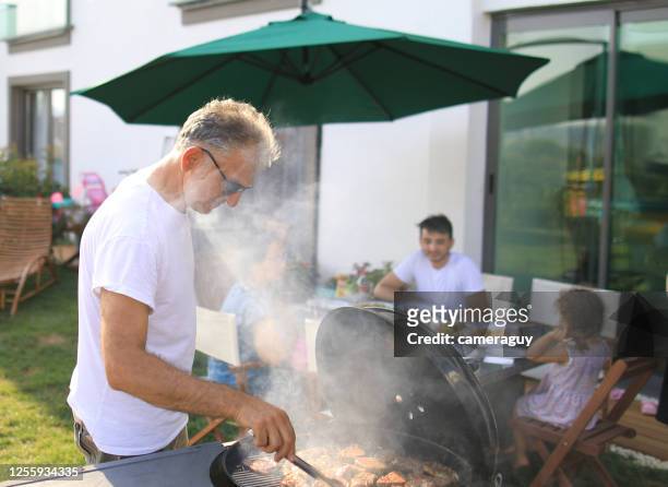 enjoying a barbecue with the family in the backyard, meat dishes at the barbecue, father and son are having a barbecue in the garden - fathers day tools stock pictures, royalty-free photos & images