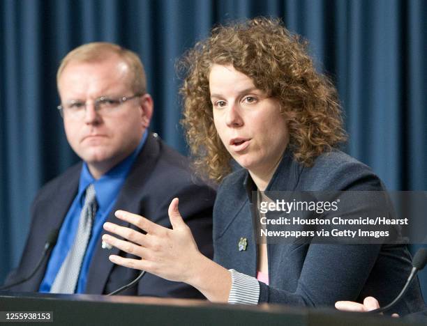 Congresswoman Gabrielle Giffords chief of staff Pia Carusone left, speaks during a press conference regarding the congresswoman's visit to view the...