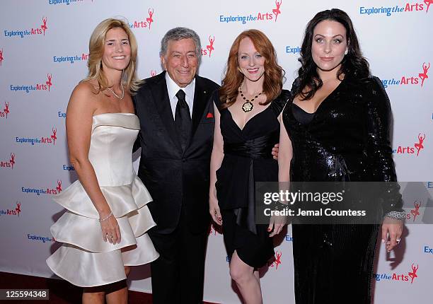 Susan Benedetto, Tony Bennett, Antonia Bennett and Johanna Bennett attend Tony Bennett's 85th Birthday Gala Benefit for Exploring the Arts at The...