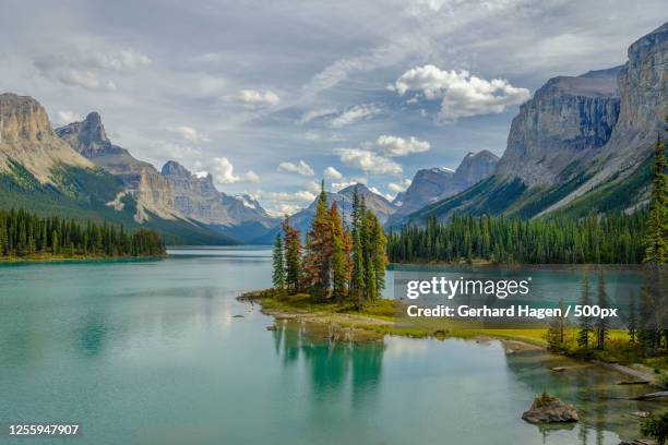 scenic mountainous landscape, jasper, alberta, canada - lago maligne foto e immagini stock