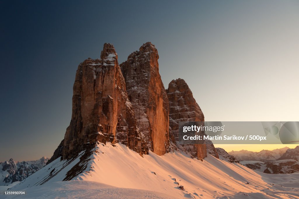 Tre Cime di Lavaredo at sunset, Cortina dAmpezzo, South Tyrol, Italy