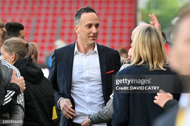 Standard Femina's head coach Stephane Guidi celebrates after winning the match between Standard Femina de Liege and KRC Genk Ladies, the final of the...