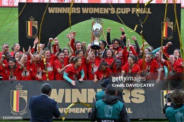 Standard Femina's players celebrate after winning the match between Standard Femina de Liege and KRC Genk Ladies, the final of the Belgian Cup, in...