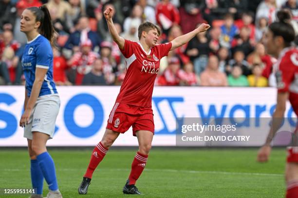 Standard Femina's Aster Janssens celebrates after scoring during the match between Standard Femina de Liege and KRC Genk Ladies, the final of the...