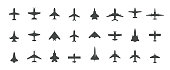 Aircraft top view icon set. Set of black silhouette airplanes, jets, airliners and retro planes icons. Isolated vector logos template on white background.