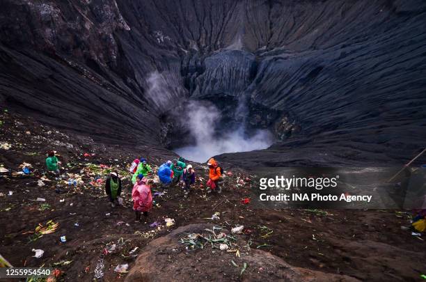 Tenggerese gather during the Yadnya Kasada Festival at crater of Mount Bromo amid the coronavirus outbreak in Probolinggo, East Java, Indonesia, on...
