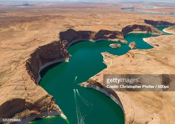 aerial view on lake in canyon, lake powell, page, arizona, usa - lake powell stock pictures, royalty-free photos & images