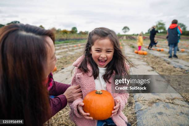 halloween is de beste! - asian mother and daughter pumpkin stockfoto's en -beelden
