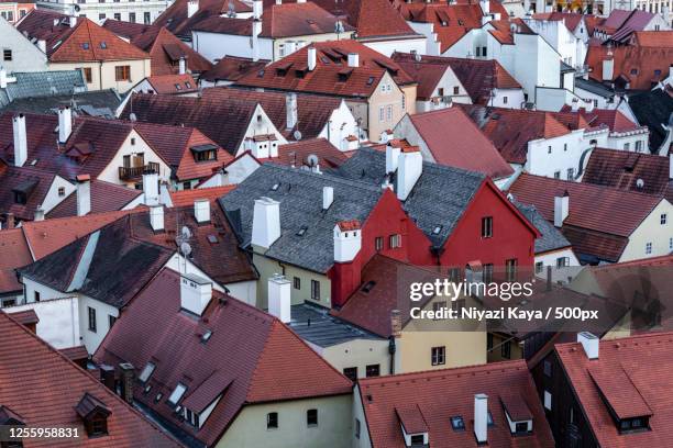 aerial view of houses, krumlov, czech republic - cesky krumlov stock pictures, royalty-free photos & images