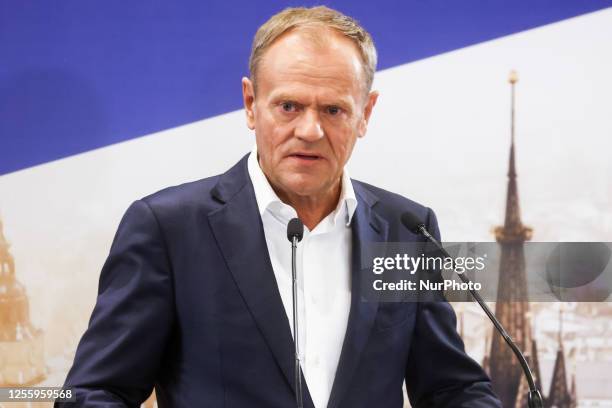 Donald Tusk, the leader of the largest opposition party, Civic Platform speaks during a meeting of the Civic Coalition club in Krakow, Poland on May...