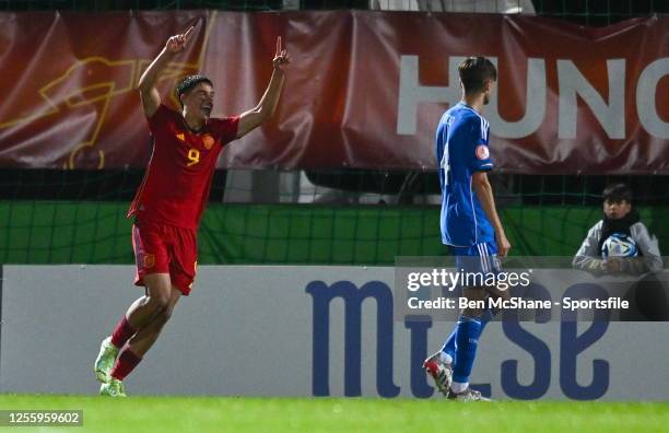 Marc Guiu Paz of Spain celebrates after scoring his side's first goal during the UEFA European Under-17 Championship Finals 2023 Group B match...