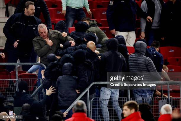 Supporters attack relatives of West Ham United players during the Conference League match between AZ Alkmaar v West Ham United at the AFAS Stadium on...