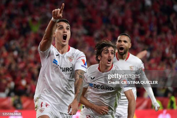 Sevilla's Argentinian forward Erik Lamela celebrates scoring his team's second goal during the UEFA Europa League semi-final second leg football...