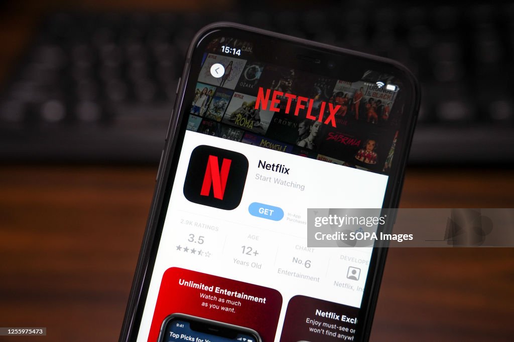 In this photo illustration, the Netflix app is displayed in...