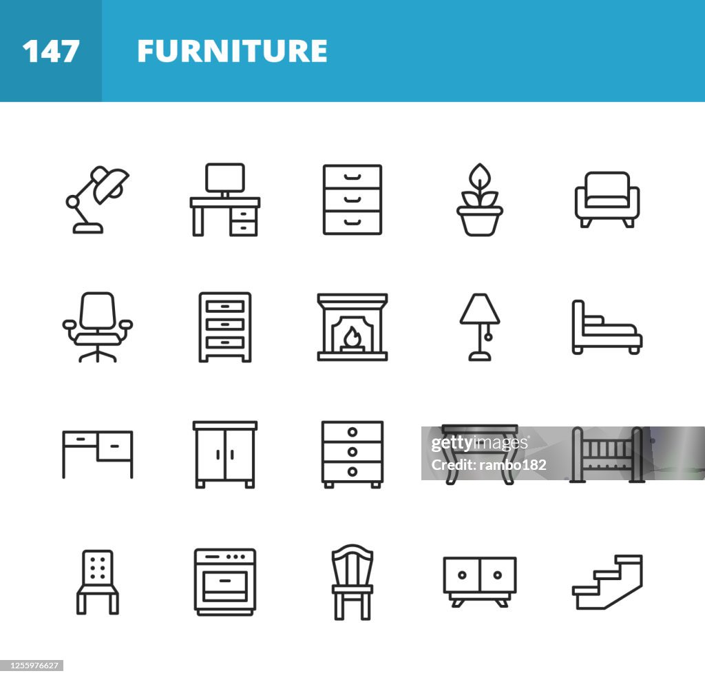 Iconos de la línea de muebles. Trazo editable. Pixel perfecto. Para móviles y web. Contiene iconos tales como Muebles, Arquitectura, Lámpara, Escritorio, Planta, Espejo, Sillón, Chimenea, Horno, Silla, Mesa de Vestir, Armario, Silla de Oficina.