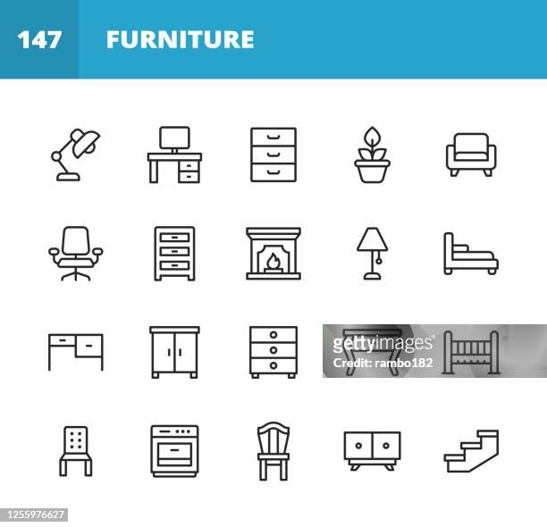 furniture line icons. editable stroke. pixel perfect. for mobile and web. contains such icons as furniture, architecture, lamp, desk, plant, mirror, armchair, fireplace, oven, chair, dressing table, wardrobe, office chair. - furniture stock illustrations