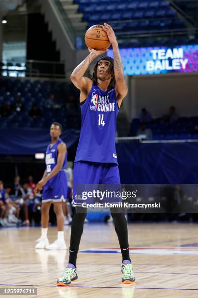 Draft Prospect, Emoni Bates shoots the ball during the 2023 NBA Combine at Wintrust Arena on May 18, 2023 in Chicago, Illinois. NOTE TO USER: User...