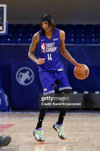 Draft Prospect, Emoni Bates dribbles the ball during the 2023 NBA Combine at Wintrust Arena on May 18, 2023 in Chicago, Illinois. NOTE TO USER: User...