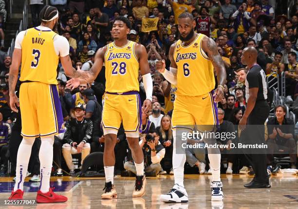 Anthony Davis, Rui Hachimura and LeBron James of the Los Angeles Lakers look on during Game 6 of the Western Conference Semi-Finals 2023 NBA Playoffs...