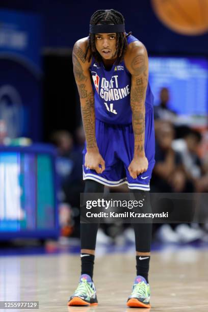 Draft Prospect, Emoni Bates looks on during the 2023 NBA Combine at Wintrust Arena on May 18, 2023 in Chicago, Illinois. NOTE TO USER: User expressly...