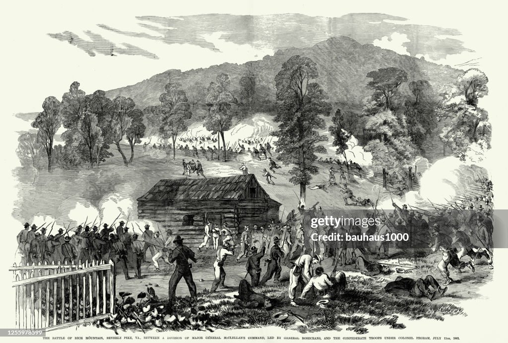 Vintage Slaget vid Rich Mountain, Beverly Pike, Virginia, 11 juli. 1861 Inbördeskriget Gravyr