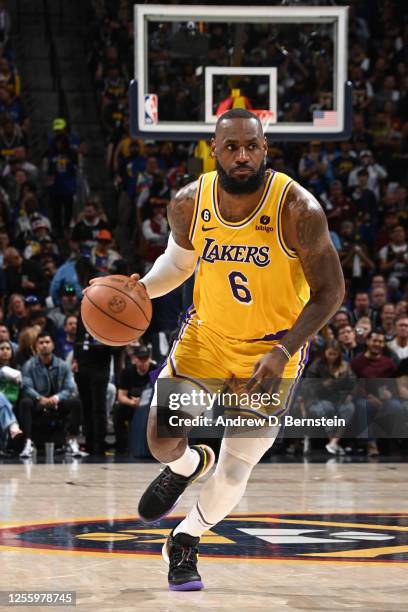 LeBron James of the Los Angeles Lakers dribbles the ball during Game 2 of the Western Conference Finals 2023 NBA Playoffs on May 18, 2023 at the Ball...