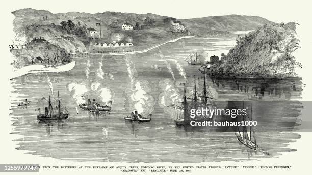 vintage attack upon the batteries at the entrance of acqua creek, potomac river, by various united states vessels, june 1, 1861, civil war engraving - old battleship stock illustrations