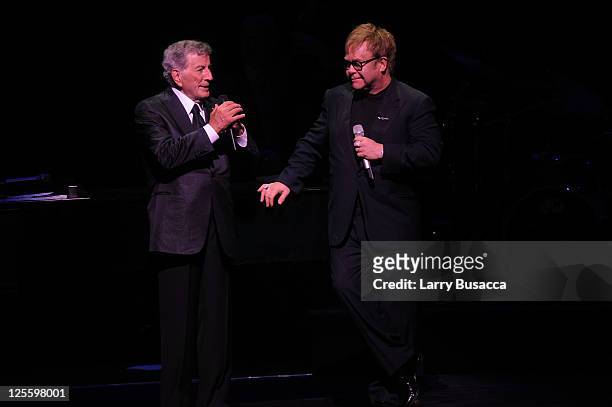 Tony Bennett and Elton John perform during Tony Bennett's 85th Birthday Gala Benefit for Exploring the Arts at The Metropolitan Opera House on...